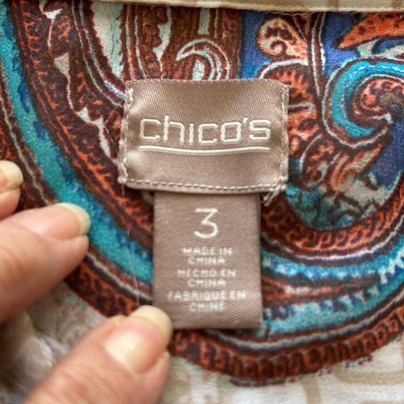 Chico’s 3/4 Sleeve Crème/Tan Paisley Print Blouse Sz 3 - Picture 13 of 14